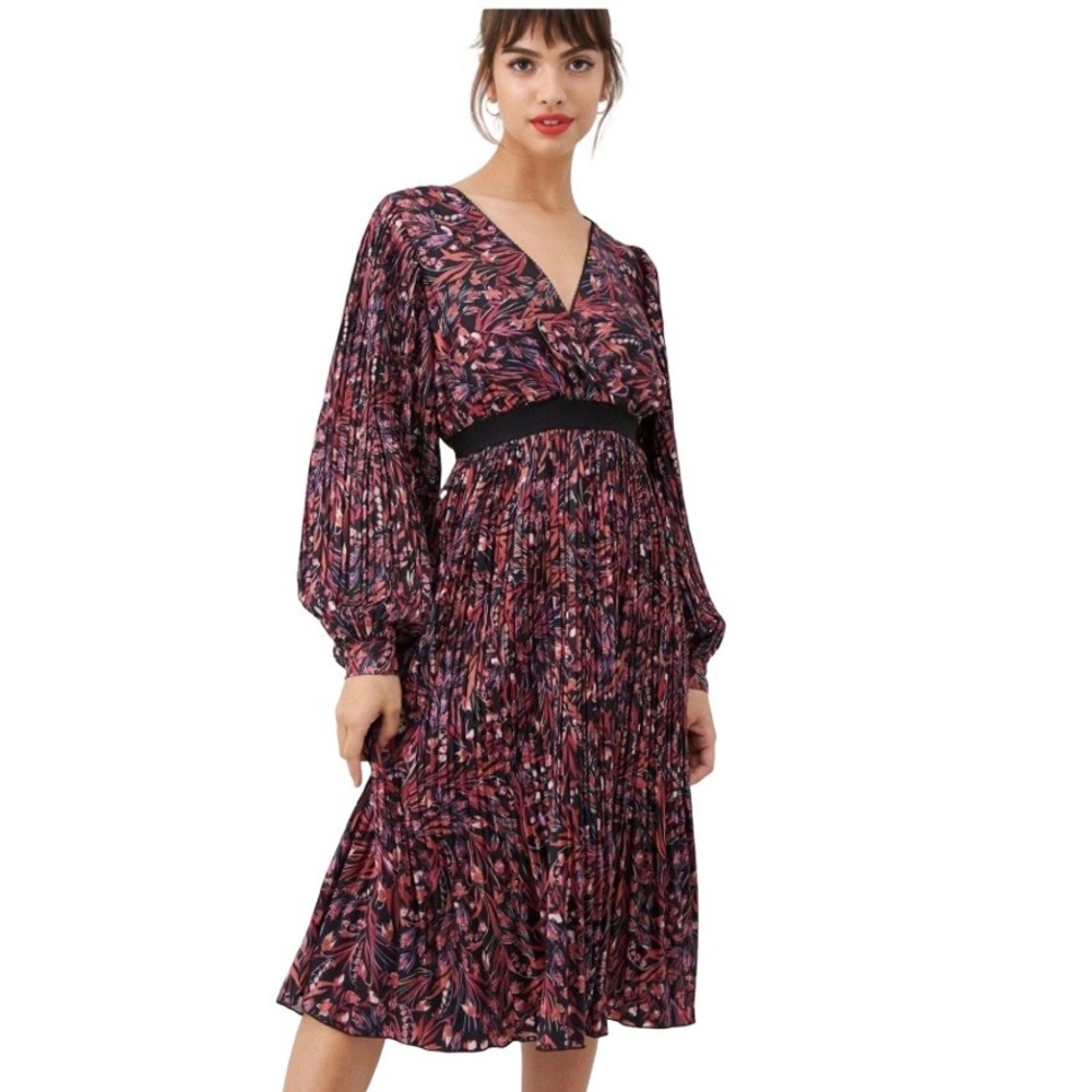 Little Mistress Dark Floral Micro Pleats Midi Dress V-Neck Long Sleeve Sz Fall